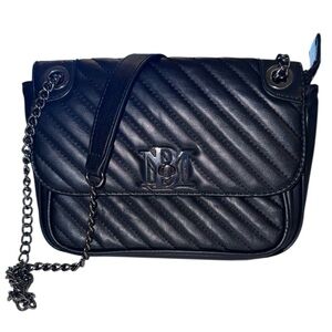 Badgley Mischka Black Quilted Vegan Leather Crossbody Bag Chain Strap Logo